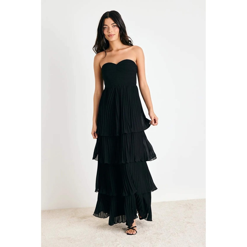 Lulus Seriously Sensational Black Strapless Tiered Maxi Dress Medium